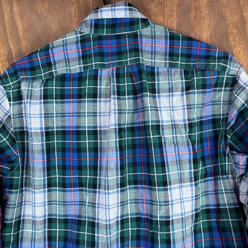 J Crew Mens Shirt Blue Green Gray Red Plaid Slim Fit Collared Button Down Medium